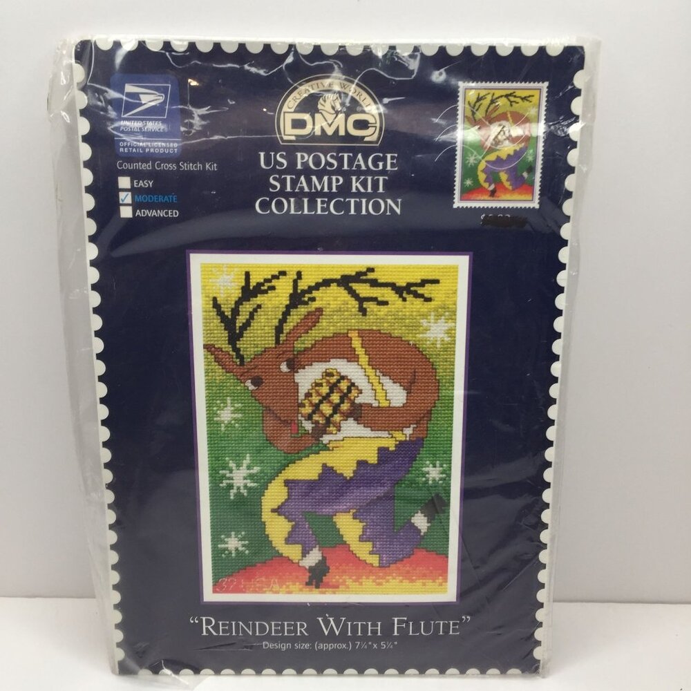DMC US Postage Stamp Collection Cross Stitch Kit Reindeer With Flute 7.25"x5.25"